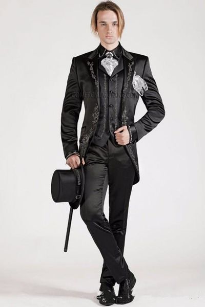

new lapel embroidery groomsmen one button groom tailcoat 3 piece men suits wedding/prom man blazer ( jacket+pants+vest+tie) 343, Black;gray