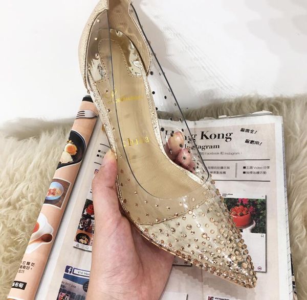 

silver golden stiletto clear rivet stud high heels red bottom 8cm 10cm pointy toe brand shoes woman dress spring 2019 sandles, Black