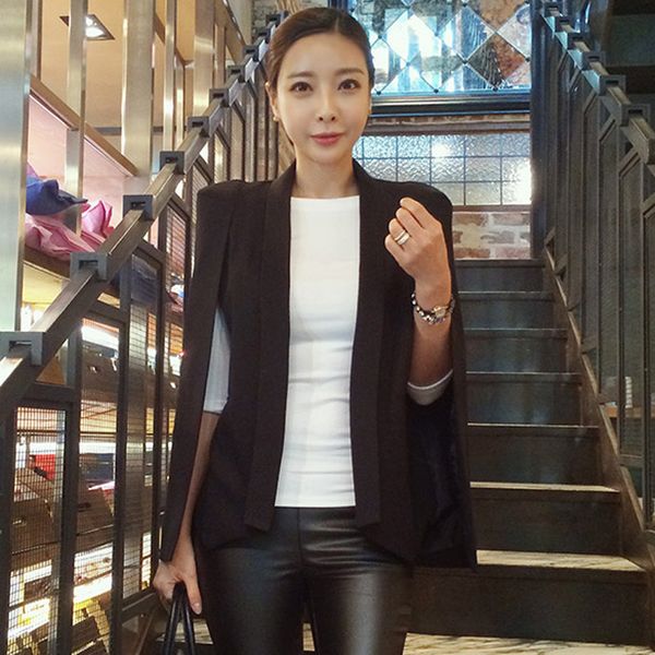 

2017 new fashion cloak cape blazer women coat black lapel split long sleeve solid casual slim suit jacket workwear e548, White;black