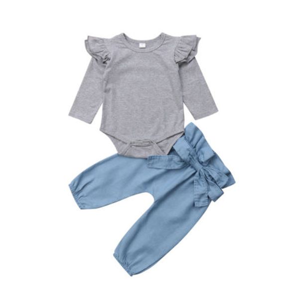 

cute newborn infant baby girl cotton romper bowknot denim pants outfits clothes, White