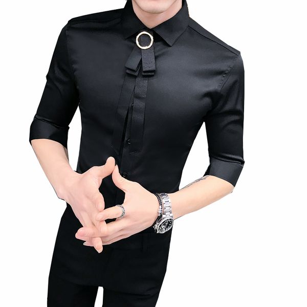 

fashion 2020 summer half sleeve men shirt brand new simple solid tuxedo dress with tie slim fit casual blouse mens clothing 3xl, White;black