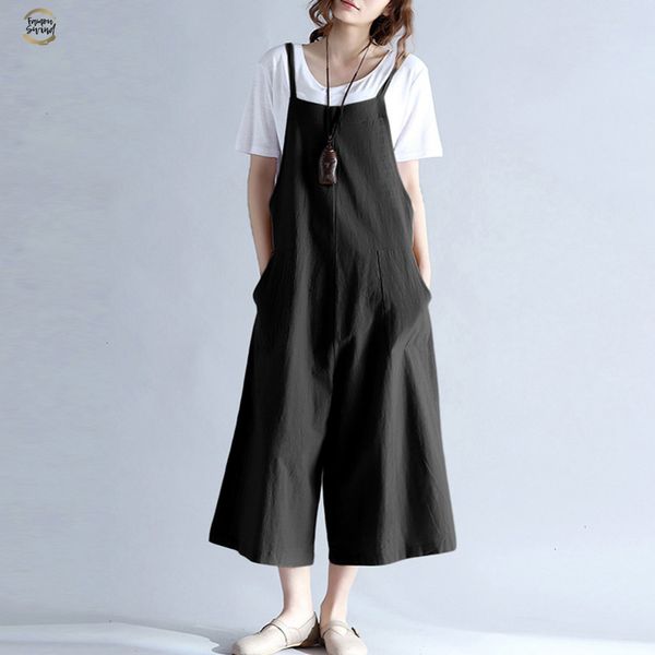 

2019 plus size women cotton pockets long wide leg romper strappy dungaree overalls casual loose solid jumpsuit trousers, Black;white