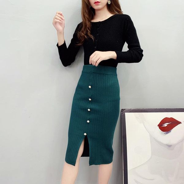 

fashion solid color button slit bodycon women skirt slim casual high waist knee-length skirt for ladies sale, Black