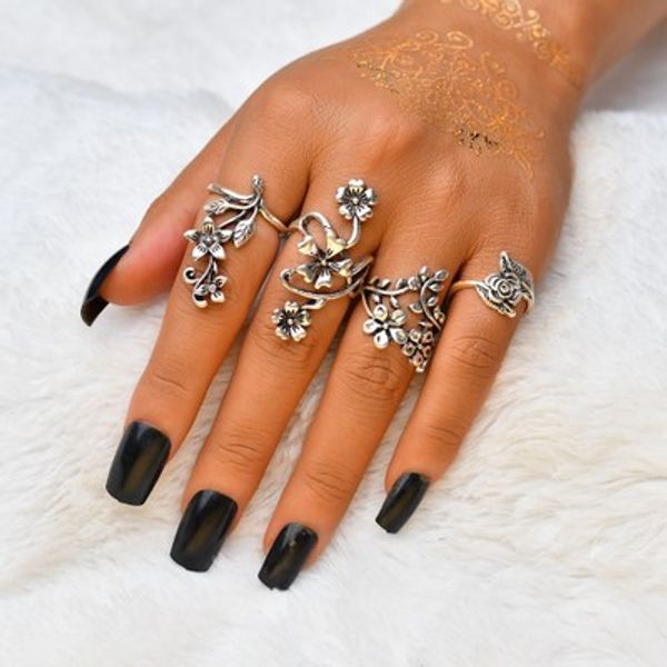 

vintage antique silver plant ring set flower leaf carving rings for women knuckle rings jewelry statement r618, Golden;silver