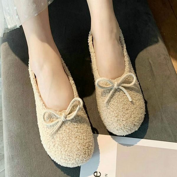 

nice women soft laze flats summer curl fur all match casual walking shoes woman flat heels nurse autumn bowtie loafers, Black