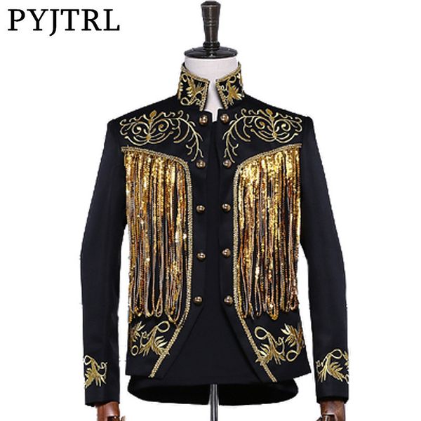 

pyjtrl men's gold silver twinkle tassel sequins embroidery double breasted stage singer suit jacket men slim fit blazer designs, White;black