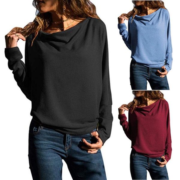 

свободные твердые дамы топы batwing рукав женская футболка мягкая мода драпировка элегантный круглый вырез повседневная осень зима пуловер, White