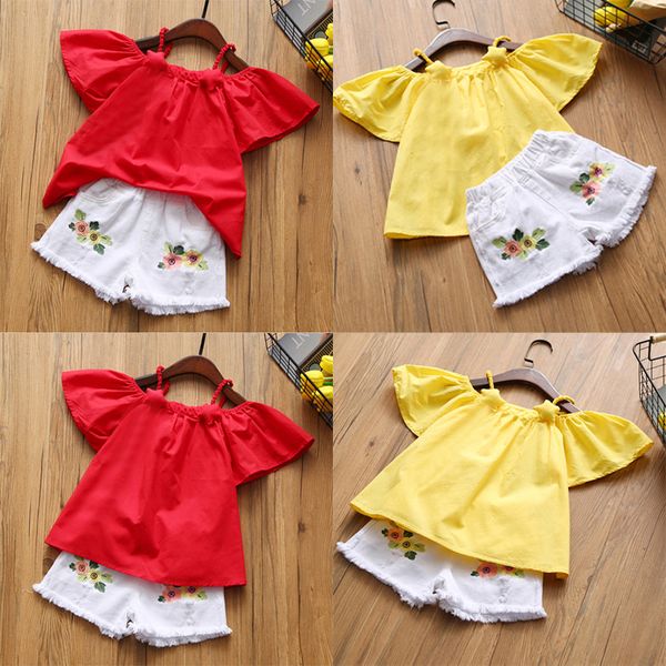 

2colors fashion girl kids clothes set children clothing solid +printed denim shorts jean 2pcs sets kids designer clothes girls dhl jy324, White