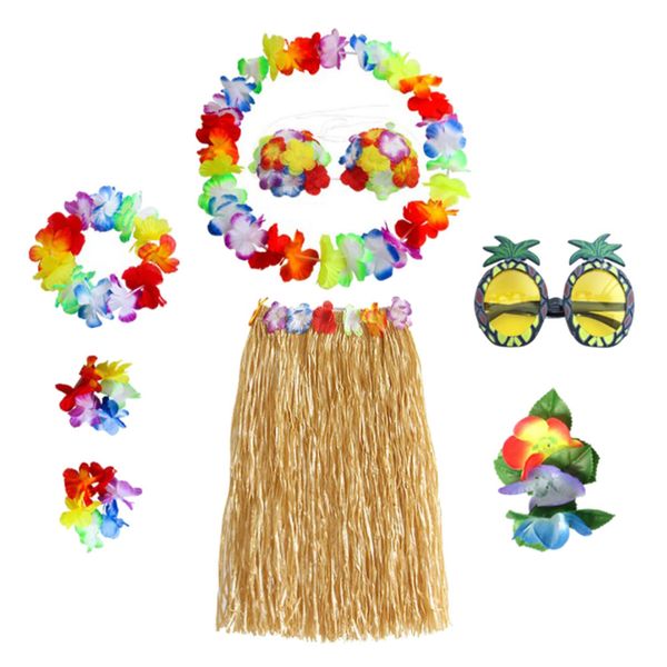 

hawaiian hula funny dance party grass skirt costume set, White