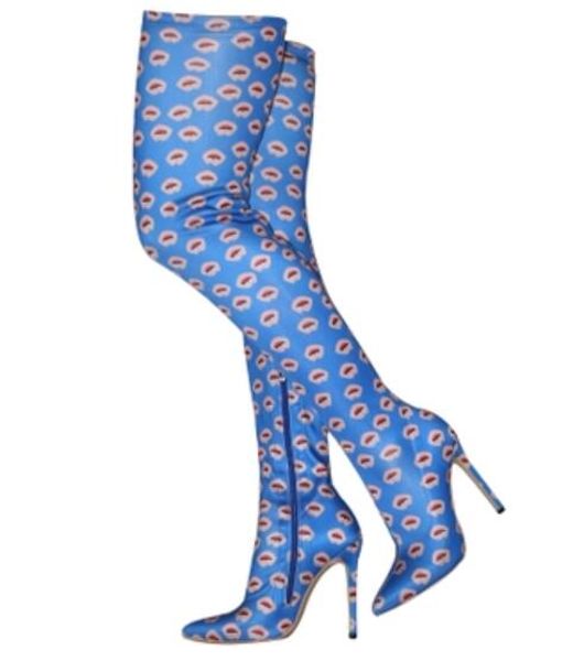 

2018 new women printed boots blue skinny booties thin heel over knee high boots ladies party shoes elastic sock booties zip up, Black