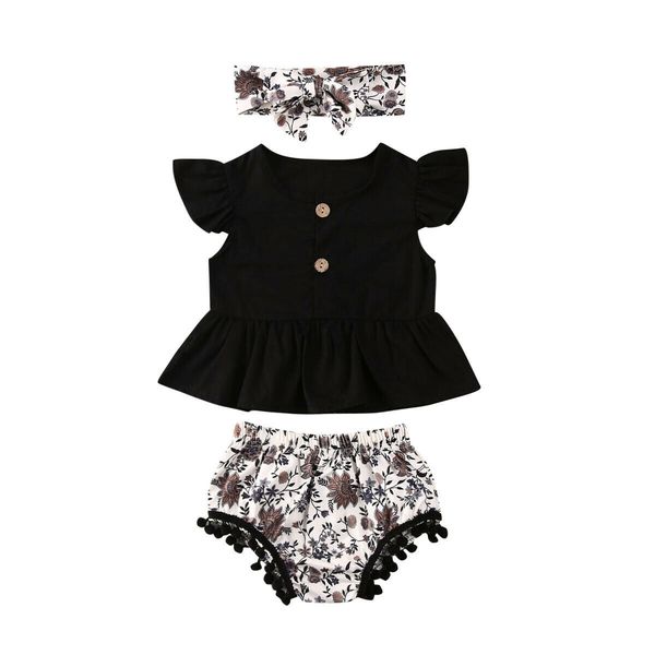

2020 baby summer clothing 0-2t baby girls 3pcs clothes dress shirt + tassels balls leopard short headband clothes, White