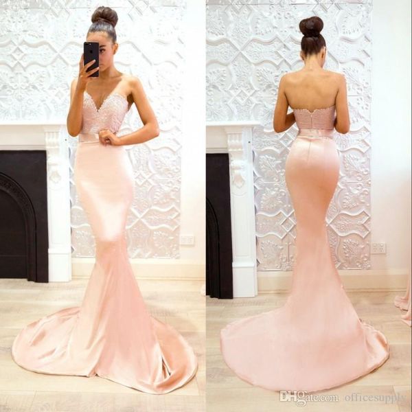 Elegante pérola rosa sweetheart laço sereia barato longo dama dama dama dama dama de honra wedding convidado vestido vestido de festa de formatura