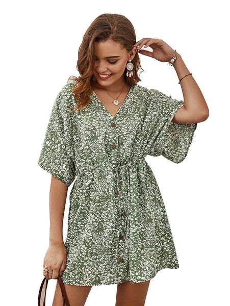 

womens designer flora printed dress half sleeve v neck fashion casual skirt ladies micro mature style dresses, Black;gray