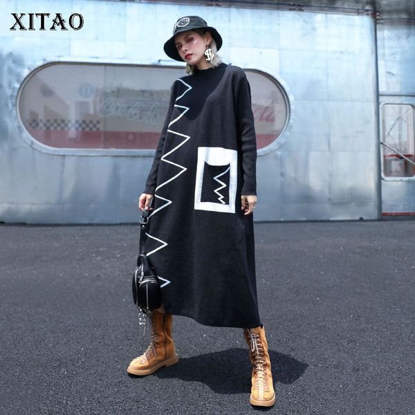 

xitao knitted long women sweater korea fashion new 2020 autumn patchwork pocket elegant turtleneck minority sweater gcc2046, White;black