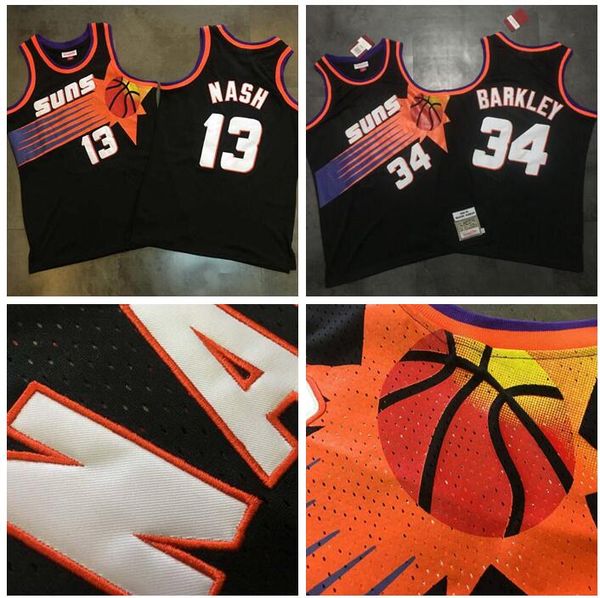 

men phoenix suns 13 steve nash charles 34 barkley mitchell & ness black 1992-93 1996-97 hardwoods classics swingman jersey, Black;red