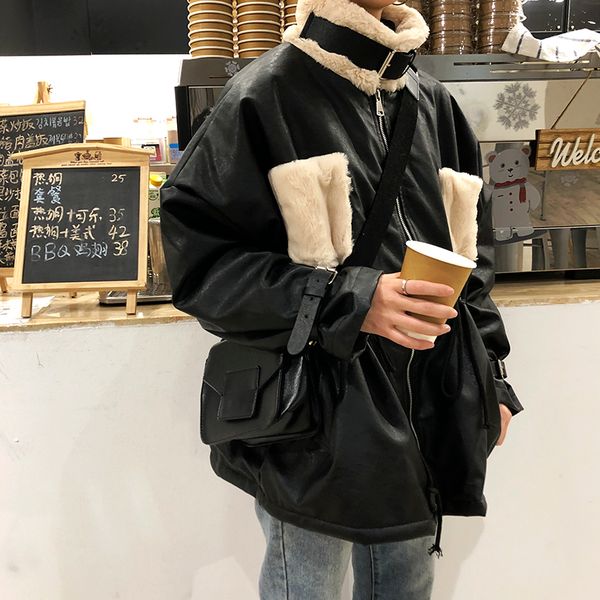 

leather jacket female korean version winter waist loose leisure stitching wool medium-long pu lint cotton jacket, Black