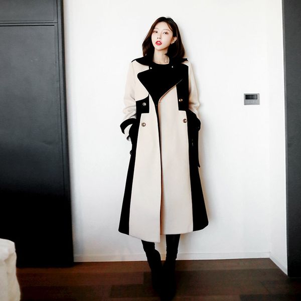 

2019 autumn&winter women korean british style long woolen coat with belt fashion spliced slim warm trench coat outwear overcoat, Black