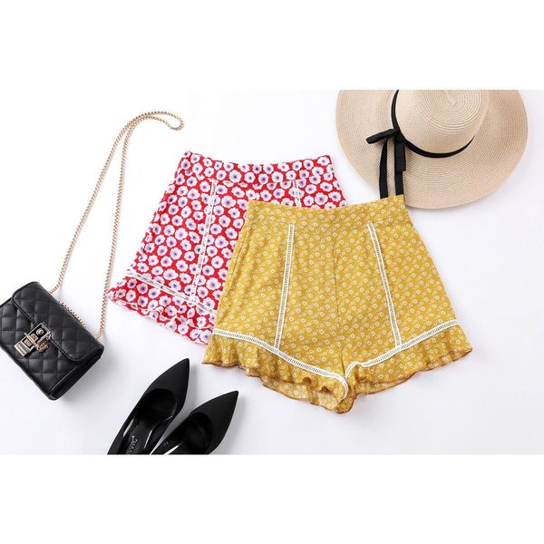 

laughido high waist floral print shorts women summer zippers lace patchwork ruffles shorts female beach holiday short pants, White;black