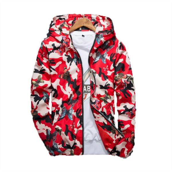 

mens casual camouflage hoodie jacket 2019 new autumn butterfly print clothes men's hooded windbreaker coat male outwear, Black;brown