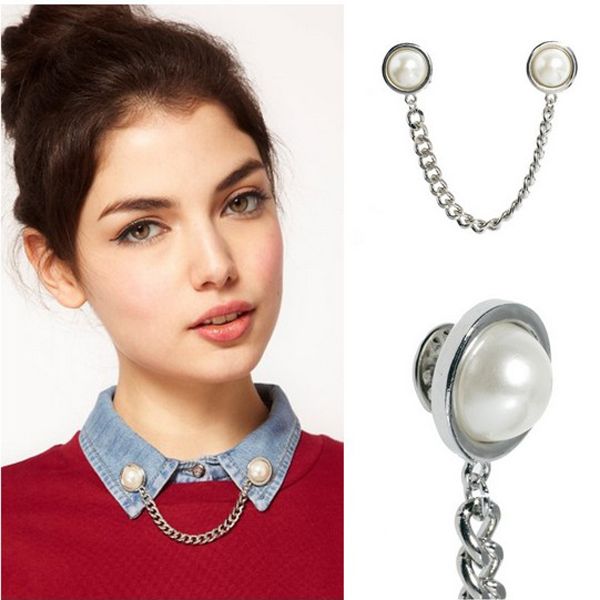 

faux pearl tassel chain collar brooch pin+ retro maple leaf collar brooches, Gray