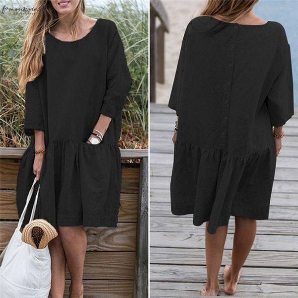 

2020 spring summer dress women casual loose o neck 3 4 sleeve ruffle swing cotton mini dresses solid color knee length dress, Black;gray
