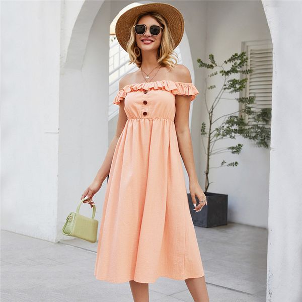 

fashion spring new 2020 ladies solid color button ruffled sleeveless knee dress women's solid color button ruffle sleeveless, Black;gray