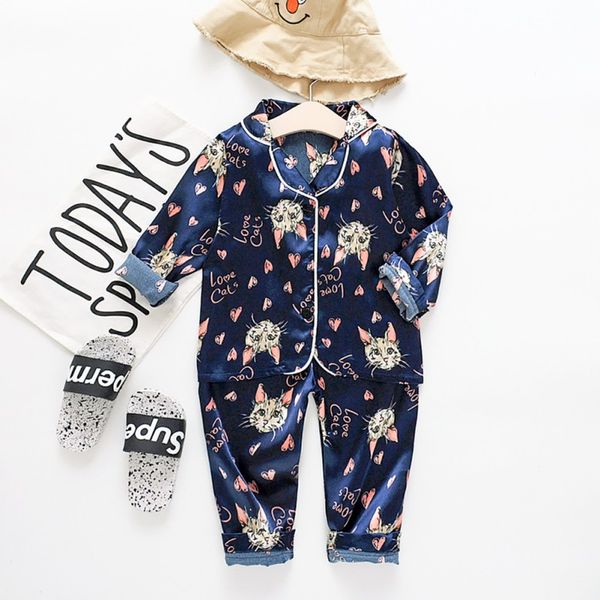 

summer baby pajamas kids girls boys cartoon cat print sleepwear set long sleeve blouse +pants pajamas child nightclothes set, Blue;red