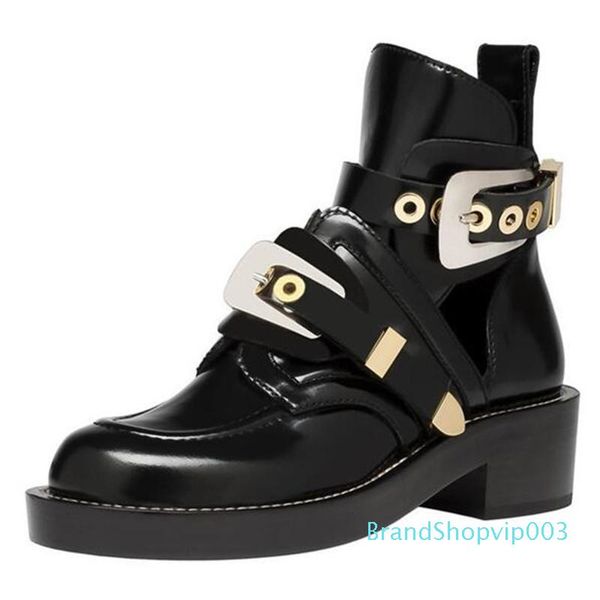 

punk booties buckle straps thick heel black ankle boots cut out woman boots motorcycle brand designers round toe summer shoes