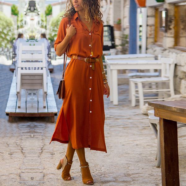

button split hem shirts dress women loose long shift dresses autumn winter long sleeve elegant office lady vestidos no belt, Black;gray