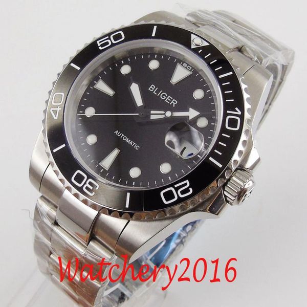 

40mm bliger black dial sapphire date ceramic bezel luminous automatic men's watch, Slivery;brown