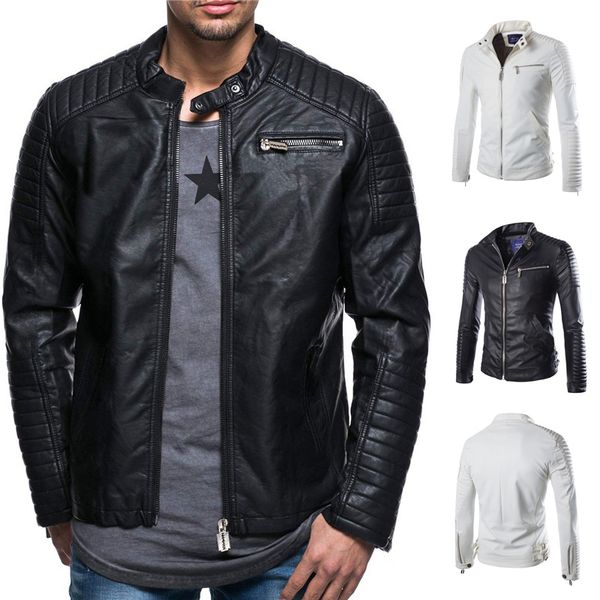 

mens summer designer leather coats stand collar long sleeve zipper faux lesther fashion slim casual apperal, Black
