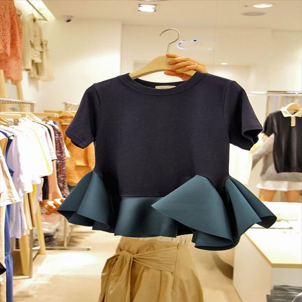 

black slim and thin irregular agaric waist flounces hem short short-sleeved t-shirt black slim and thin irregular agaric waist flounces, White