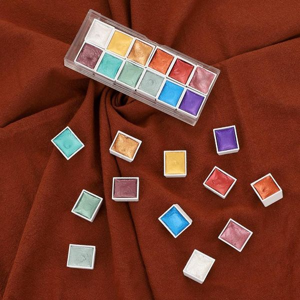 

jianwu 12 цвета прямоугольник перламутрового твердой акварель масло краски набор портативной кисть художественной роспись художественных при