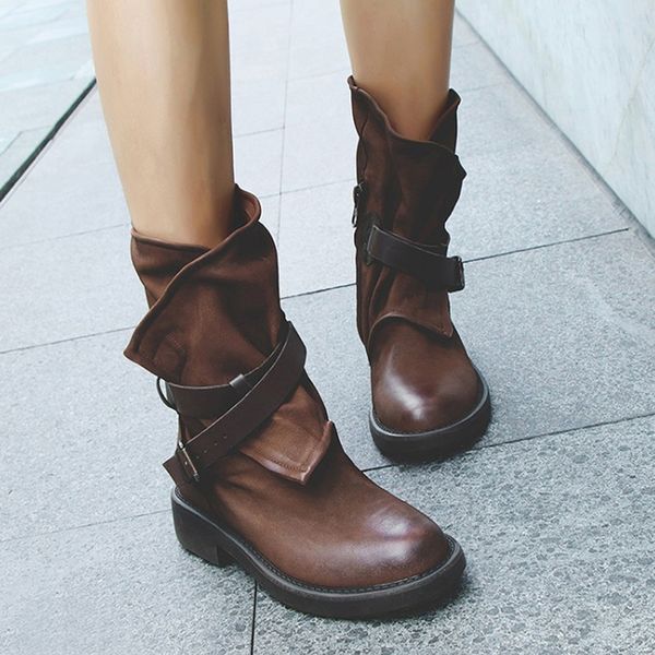 

vintage boots women mid calf boots soft leather shoes female autumn winter motorcycle flat, Black