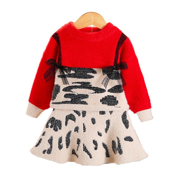 

высококачественный свитер для девочек 2019 осень и зима новые свитера для девочек с искусственными волосами + юбка из леопарда из двух часте, White