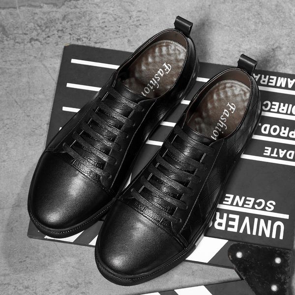 

size 37~46 men's genuine leather shoes 2018 fashion comfortable male sneakers#ab722, Black