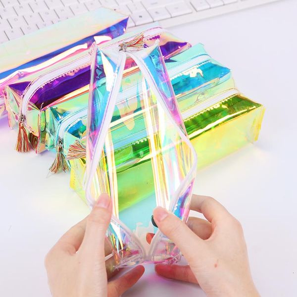 

fashion pvc laser transparent pencil case bags boys girls students clear stationery pen box bag school supply pouch gifts make up bag