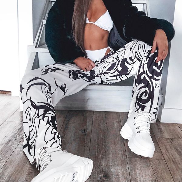 

американские горячие продажи flare брюки 2020 springautumn корейский стиль ropa mujer pantalon новая мода печати бегунов женские брюки брюки, Black;white