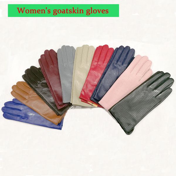 

goatskin gloves women' spring thin rayon lining leather perforated style repair hand breathable summer sheepskin driving gloves y19111, Blue;gray