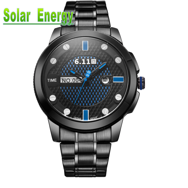

611 brand men's watch solar energy watch reloj macsulino light energy quartz steel strap waterproof calendar men, Slivery;brown