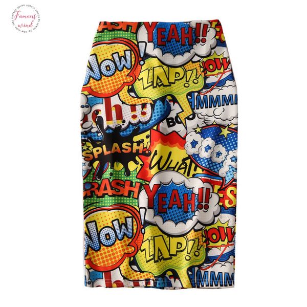 

women harajuku pencil skirts colorful cartoon yeah letters printing high waist slim midi split female falda sp532, Black