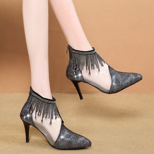 

summer new elegant shiny mesh sandals crystal sandals woman thick high heels breathable ankle boots light, Black