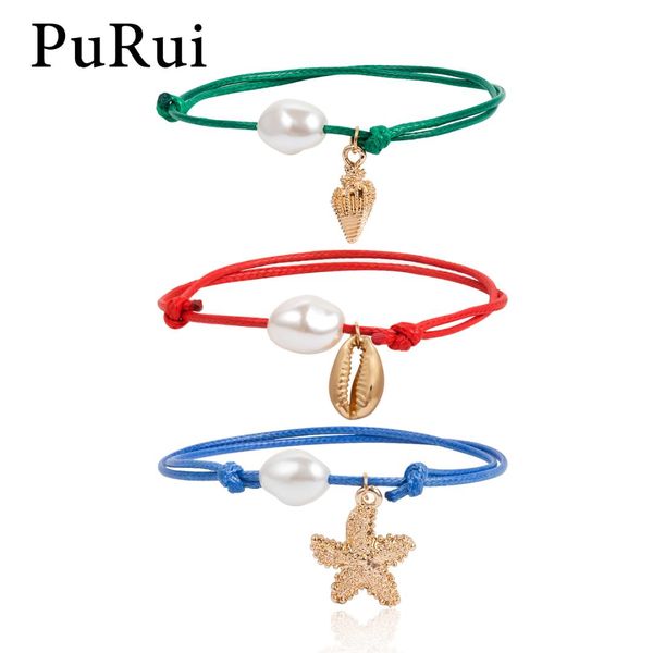 

purui bohemian gold charm bracelets set multilayer starfish conch shell rope bracelets imitation pearl pendant bracelet women, Golden;silver