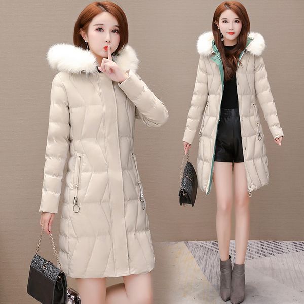 

young and middle-aged women's down feather cotton-padded clothes mid-length middle-aged mom fur collar cotton coat 30-40-50-year, Blue;black
