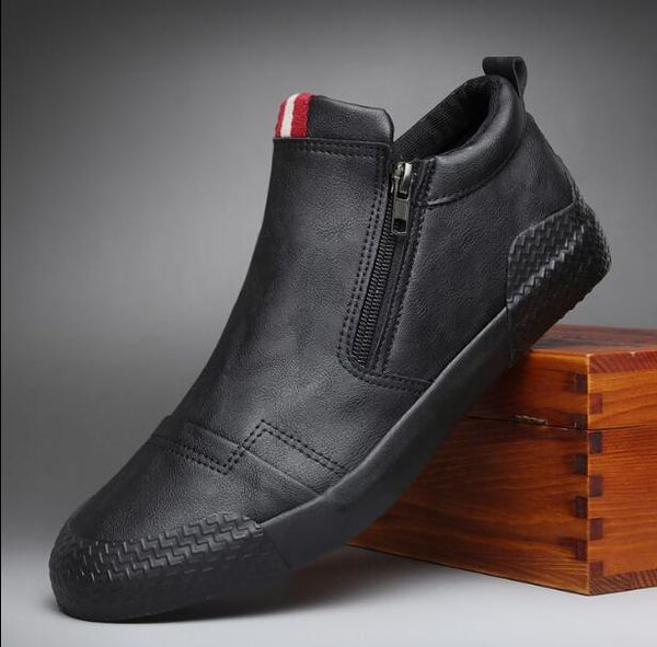 

2020 spring autumn new fashion cool men slip-on zipper leather casual shoes men trend shoes loafers, Black