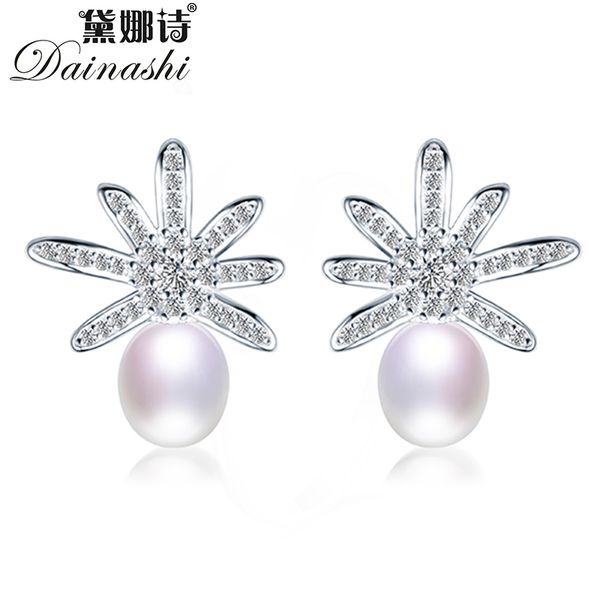 

dainashi 925 sterling silver zircon daisy stud earrings new arrival 100% genuine natural freshwater pearl earrings for women, Golden;silver