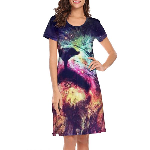 

ночные рубашки для женщин пленки африканского льва обитания печати пользовательских мило короткого рукав nightdress красочного льва искусств, Black;red