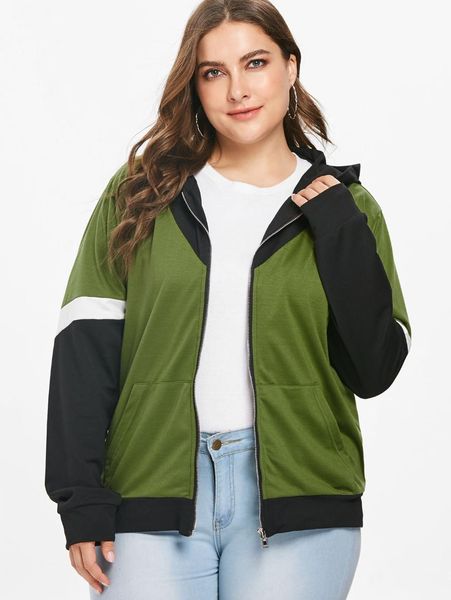 

zan.style plus size zip color block hoodie women full sleeve pockets patchwork hooded sweatshirts casual spring winter, Black