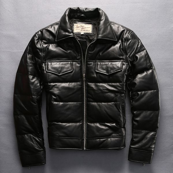 

2020 stand collar genuine leather down jacket men casual winter down coat black cowskin men's leather coat motorcycle jacket