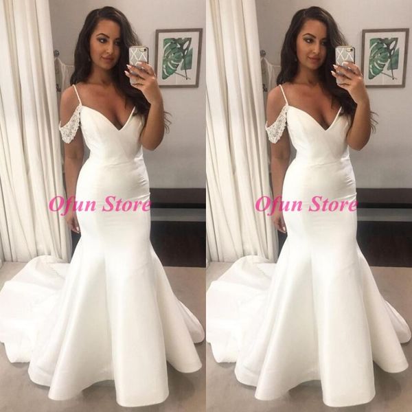 

simple v neck satin mermaid wedding dress custom made off shoulder appliques sweep train mermaid wedding gowns with straps, White